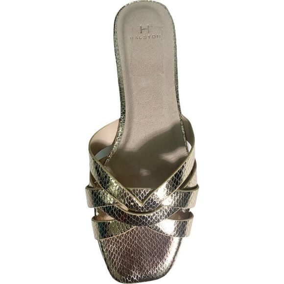 H Halston Gold Embossed Slide Sandals Sz 8 NWOB - Picture 3 of 8